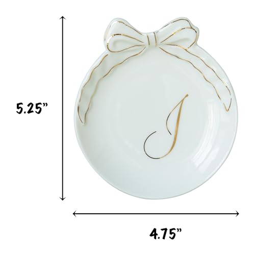 COLLECTIVE HOME Ceramic Jewelry Tray, Monogram Trinket Dish with Bow (I) | Mothers Day Graduation Christmas Birthday Gifts for Women, Bridesmaid Proposal Gifts, Features Real Gold Trim & Gift Box - color: I