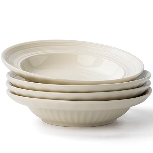 Wide Rim Soup Bowls Set of 4, 11 oz, 8 Inch Cream Beige | Shallow wide rim bowls for pasta, soup, side salad, oatmeal and dessert; 11 oz portion size, stackable and dishwasher safe. - color: Cream