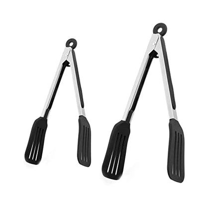 2 Pack Stainless Steel Silicone Cooking & Serving Tongs, 7 & 9 Inch | Locking Handle, Heat Resistant, Dishwasher Safe, for Grilling Steak Salad Pasta Buffet Serving, Black - color: Black, size: 7 & 9 inch
