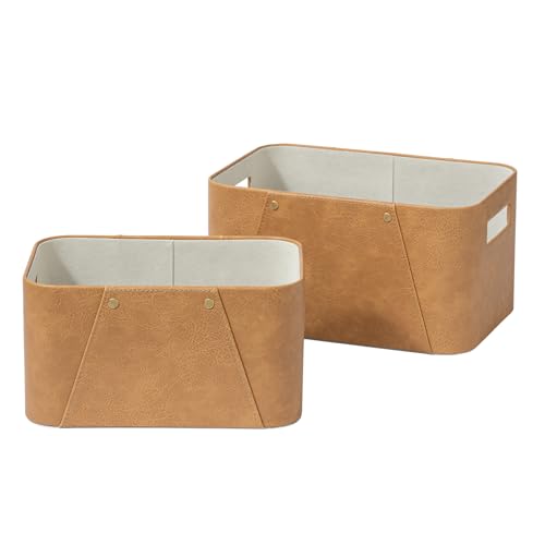 LA JOLIE MUSE Faux Leather Storage Baskets for Organizing, Camel 2 Pack | Sturdy Decorative Storage Bins for Closet, Shelf, Office Cabinets, Organizer Baskets for Toys, Books and Home Essentials - color: Camel