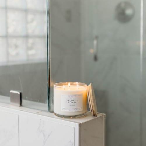 Seaside & Citrus 3 Wick Scented Candle - 43 Hour Burn | Made in the USA Luxury Clean Soy Wax Candles - Long Lasting Large Glass Jar Candle for Home - 3 Wicks - 14.9oz - color: Seaside + Citrus