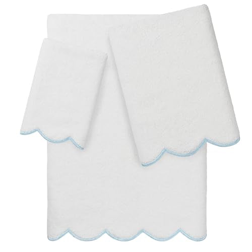 Grace Scallop Personalized Towel Set, Blue 3 Piece Custom Towel Collection, Monogrammed Towels in Soft Turkish Cotton for Elegant Bathroom Decor-Blue-3 Pcs Set - color: Blue, size: 3 Pcs Set
