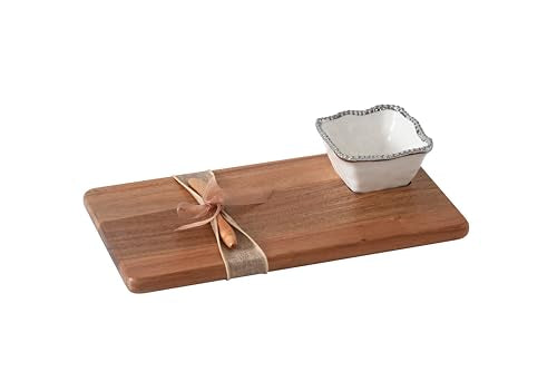 Pampa Bay Acacia Charcuterie Board with Porcelain White & Silver Dipping Bowl and Wood Spreader - color: White & Silver