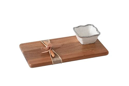 Pampa Bay Acacia Charcuterie Board with Porcelain White & Silver Dipping Bowl and Wood Spreader - color: White & Silver