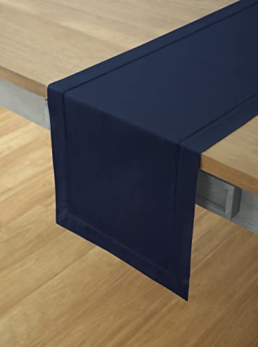 Solino Home Cotton Linen Table Runner Navy, Hemstitch Collection 14 x 90 in | Table Runners for 6-8 seater dining tables, hallway tables and consoles | soft plain weave, artisan crafted | easy care linen - color: 14: Navy, size: 14 X 90 Inch