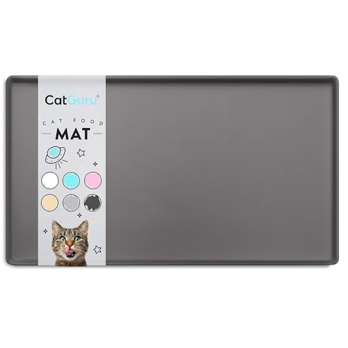 CatGuru Premium Cat Food Mat, Silicone Feeding Mat for Food and Water Bowls | Extra-high raised edge contains spills. Waterproof, non-slip 100% food-grade silicone protects floors/ Small, Carbon - color: Carbon, size: S: 19" x 11"