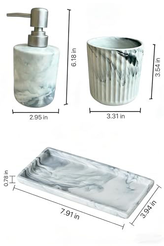 350ML Bathroom Soap Dispenser Set，Marble 3-Piece Countertop Organizer | Marble ceramic is suitable for soap storage on the washstand, liquid detergent on the sink, and lotion bottle on the dresser - color: Grey Ink Wash