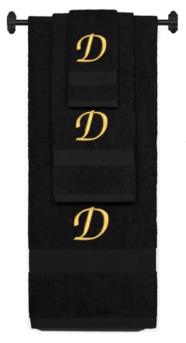 Monogrammed Bath, Hand, Washcloth Cotton Towel Set, Personalized Gift 3Pc-D - color: Black & Gold, size: Initial D
