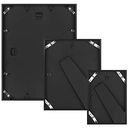 Frametory 7 Pack Aluminum Picture Frame with Mat for Gallery Wall, Black | Set includes one 11x14, two 8x10, four 5x7 frames with glass fronts, removable mats, and built-in hangers for wall mounting - color: Black