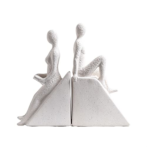 Bookends, Man and Woman Reading Bookend Set, Decorative Book Shelf Decor for Home or Office, White Ceramic Book Ends for Housewarming, Birthday or Holiday,for Shelves Books