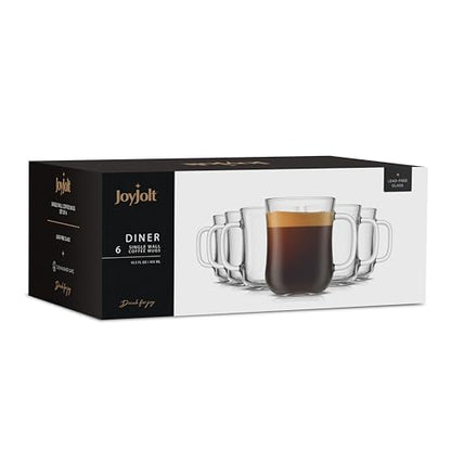 JoyJolt Glass Coffee Cups - 15.5oz Diner Mugs Set of 6. Bar Accessories, Cafe Style Clear Mug, Cappuccino, Latte, Tea Cup, Large Espresso Glasses - size: Set of 6