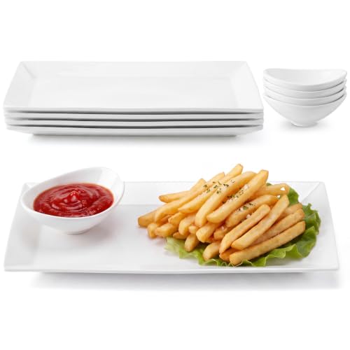 12.6" White Ceramic Serving Tray Set, 4 Rectangular Platters & 4 Dipping Bowls, Chips Salsa Veggie Taco Fry Serving Dishes, Reusable Charcuterie Sushi Plate for Party Kitchen Home