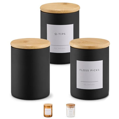 Mini Glass Apothecary Jars with Bamboo Lids, Small Bathroom and Kitchen Storage Containers, For Cotton Balls, Pads and Swabs, 10 oz, Set of 3 (Matte Black) - color: Matte Black