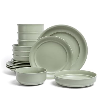 over&back Rim Dinnerware Set - Stoneware Dishes - Comes with 4 Dinner Plates, Salad Plates, Cereal Bowls, and Dinner Bowls - 16-Piece All-Occasion Place Settings - Serves Four - Semi-Matte Sage - color: Sage, size: Dinner Set | 16 Pieces