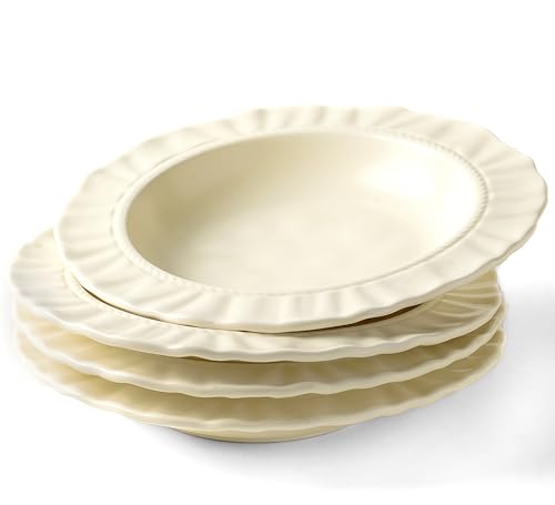 8.6" Ceramic Wide Rim Soup Bowls Set of 4, Cream Color Embossed | Italian-Inspired Floral Embossed Design with Matte Finish, Microwave & Dishwasher Safe, Ideal for Pasta, Salad, Soup and More