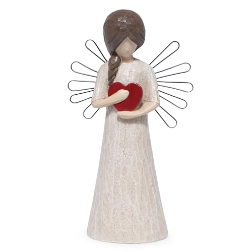 Hodao Angel Figurine with Red Heart, 5.1" Resin Wood-Carved Look with Metal Wire Wings, Hand-Painted Indoor Home Decorations, Spiritual Holiday Decor Ornaments, Gift-Ready Box - style: Z-holding heart-small