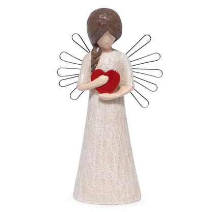 Hodao Angel Figurine with Red Heart, 5.1" Resin Wood-Carved Look with Metal Wire Wings, Hand-Painted Indoor Home Decorations, Spiritual Holiday Decor Ornaments, Gift-Ready Box - style: Z-holding heart-small