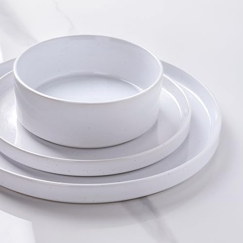 GBHOME Stoneware Dinnerware Sets for 4, 12 Pieces Plates and Bowls Set | Lightweight Ceramic Ribbed Dishes,Reactive Glaze Stackable Plate Set,Scratch Resistant,Microwave Dishwasher Safe, Light - color: Light White