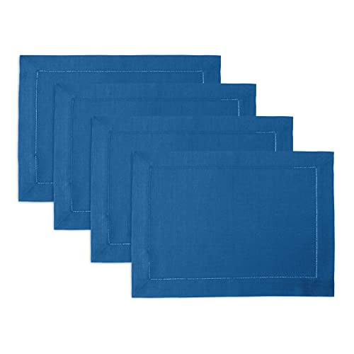 Solino Home 100% Pure Linen Placemats Indigo Blue, 14 x 19 in, Set of 4 | Classic Hemstitch Place Mats place settings for daily dining | hand hemstitched borders, artisan crafted | OEKO-TEX Certified - color: 12: Indigo Blue, size: 14" X 19" (Set of 4)