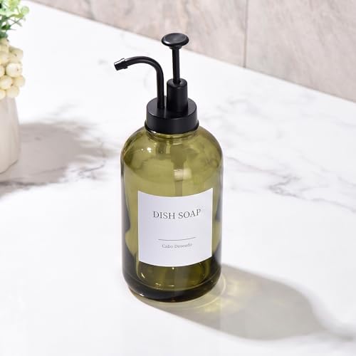 Glass Soap Dispenser with Pump, Dish and Hand Soap Dispenser for Kitchen Bathroom Set, Glass Dispenser Set with 18 Stickers Funnel Bamboo Tray 500ml 18oz Green - color: Olive Green