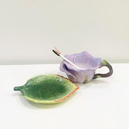 Ceramic Tea Cup and Saucer Set ，6OZ 3D Hand-Painted Flower and Lotus Leaf Coffee Mug，Gift for Women- Pinkish Purple Rose - color: Pinkish Purple