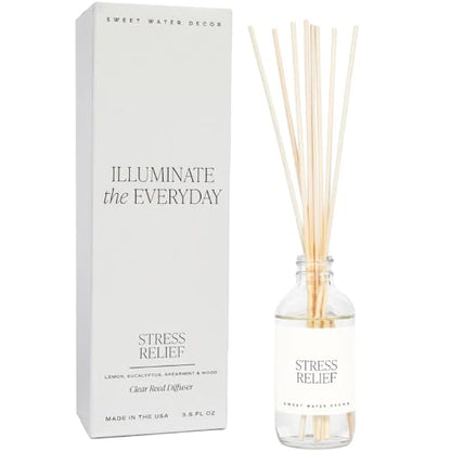 Sweet Water Decor Stress Relief Reed Diffuser Set - Eucalyptus, Spearmint, Citrus, Sage Scented Diffusers - Scent Diffusers for Home, Long Lasting Fragrance, Made in the USA - style: Stress Relief