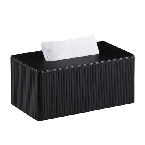 PU Leather Tissue Box Cover Rectangle Tissue Box Holder Rectangular | Magnetic Bottom, Decorative Modern Design, Aesthetic Stripes, For Bathroom, For 120(3-Ply)/160(2-Ply) Tissue Box - color: Black