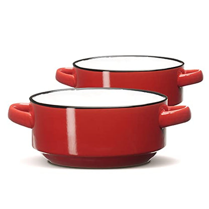 ECODECO Ceramic Soup Bowls with Handles – Set of 2 (16 oz) – Red | Oven & Microwave Safe – Gift Boxed – Ideal for French Onion Soup, Baked Meals & Housewarming Gifts - color: Red