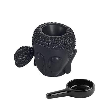 Ceramic Buddha Head Essential Oil Burner with Candle Spoon for Yoga Spa Bedroom Home Decoration, Aromatherapy Wax Melt Burners Oil Diffuser Tealight Candle Holder (Black)