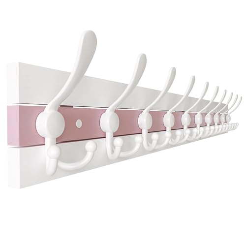 SKOLOO Coastal Wall Mounted Coat Rack - 38-1/8" Beach House Entryway Wooden Coat Hook with 10 Hooks for Hanging Coats, Hats or Towels, Oceanfront Cottage Core Collection, White & Palm Beach Pink - color: Pink & White Plates & White Hook, size: 1 Item-10 H