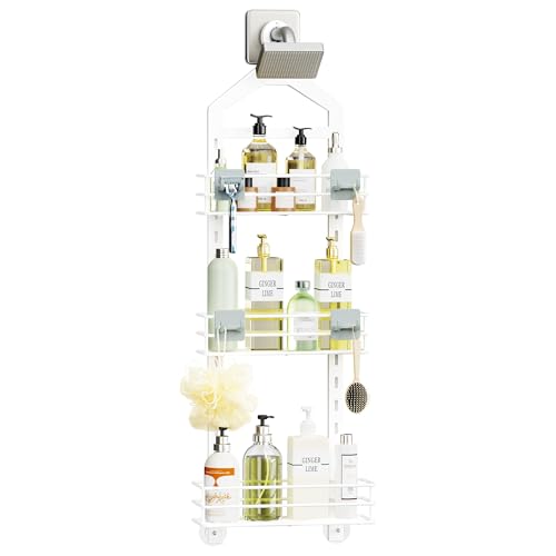 Orimade Adjustable Anti-slip Shower Caddy over Head, Rustproof Bathroom Hanging Shower Organizer with 2 Hooks for Razor, No Drilling Shower Shelves Storage Rack 3 Tier, White - color: White - 3 Tier