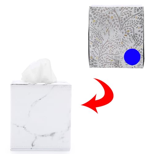 Sumnacon Square Leather Tissue Box Cover - Stylish Cube Tissue Box Holder with Magnetic Bottom, Decorative PU Tissue Box for Vanity Dresser Night Stand Table Countertop Home Office Car, Marble White | Cube Leather Tissue Box Covers,Decorative Tissue Box f