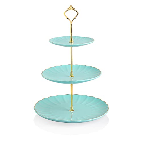 Sweejar 3 Tier Ceramic Cake Stand Wedding, Dessert Cupcake Stand for Tea Party Serving Platter (Turquoise) - color: Turquoise