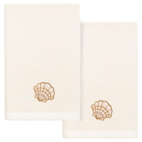 Seaside 2-Piece Fingertip Towel Set, Lustrous Seashell Design, Luxurious Turkish Cotton, Absorbent & Stylish, Chic Bathroom Accessory, 2 Fingertip Towels, Beige - color: Beige, size: 2 Pcs Fingertip Towel