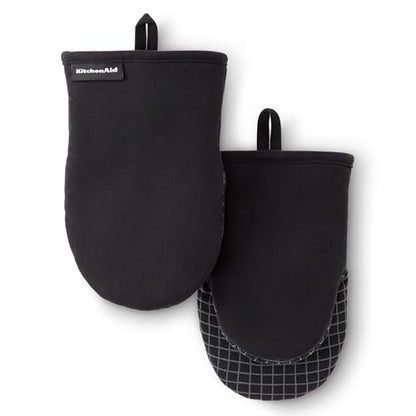 KITCHENAID Gourmet Series Gridlines Mini Oven Mitts 2-Pack Set, Heat Resistant up to 600°F, Soft Silicone Grip, Magnetic Cuff, Matte Black, 5.5"x9" - color: Matte Black