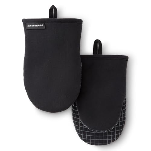 KITCHENAID Gourmet Series Gridlines Mini Oven Mitts 2-Pack Set, Heat Resistant up to 600°F, Soft Silicone Grip, Magnetic Cuff, Matte Black, 5.5"x9" - color: Matte Black