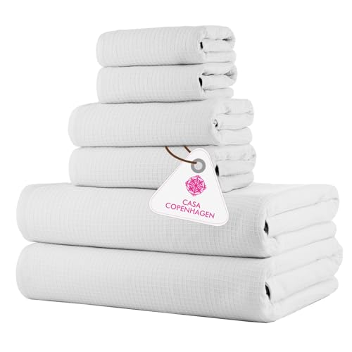 CASA COPENHAGEN Waffle 6Pcs 100% Egyptian Cotton Large Designer Towels Gift Set- White, 2Bath 2Hand 2Washcloths, Bath Towels for Bathroom (Box Pack, Set for Women & Men) - color: Waffle 6pcs Towel Set White, size: 6 Pieces