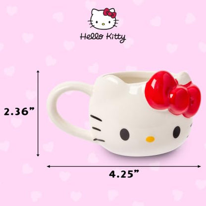 Silver Buffalo Sanrio Hello Kitty Bows, 3D Sculpted Mini Cup Set, 3.5oz | Different Color, Pack, Ceramic, Milk, Includes Handles, Perfect as a Sugar, Cream, 0.1 Liters - color: Hello Kitty With Handle