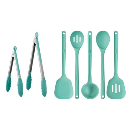 U-Taste 600℉ Heat Resistant BPA Free Non Stick Firm Cooking Tongs (Set of 2), and 600℉ Heat Proof BPA-Free Solid/Slotted Sturdy Cooking Utensil for Non Stick Cookware (Set of 5), Aqua Sky