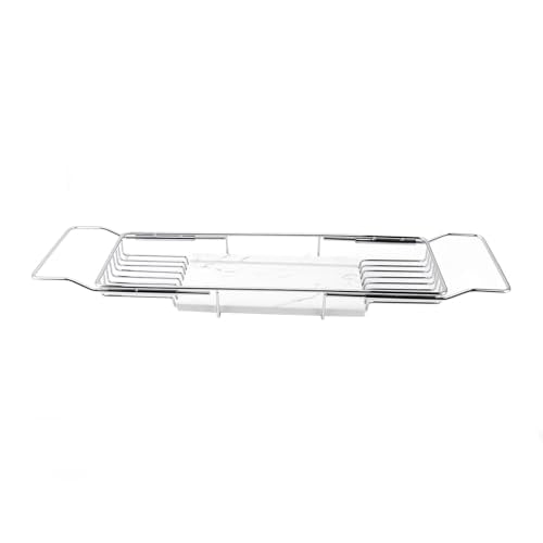 Metal Marble Bathtub Rack, Bathtub Caddy Tray Stainless Steel Shower Caddy Tray with Extending Sides, Bathroom Trays (Silver White) - size: Silver White