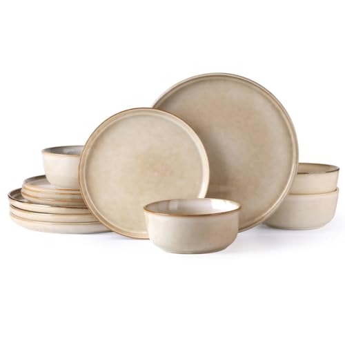 AmorArc Stoneware Dinnerware Sets for 4, 12Pcs Plates and Bowls Sets Dishes | Ceramic Round Reactive Glaze Dishes Set, Highly Scratch Resistant | Dishwasher & Microwave Safe Dishware - color: Mulberry, size: Service for 4