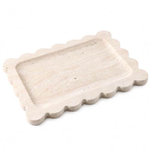 Romano Travertine Vanity Tray, 11"x8" Natural Stone Organizer Tray for Countertop Bathroom Kitchen Dresser, Marble Decorative Scalloped Tray for Jewelry Cosmetics Perfume Trinket(Beige) - color: Travertine, size: 11" x 7.9" x 0.7"