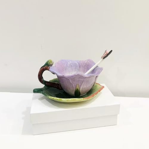 Ceramic Tea Cup and Saucer Set ，6OZ 3D Hand-Painted Flower and Lotus Leaf Coffee Mug，Gift for Women- Pinkish Purple Rose - color: Pinkish Purple