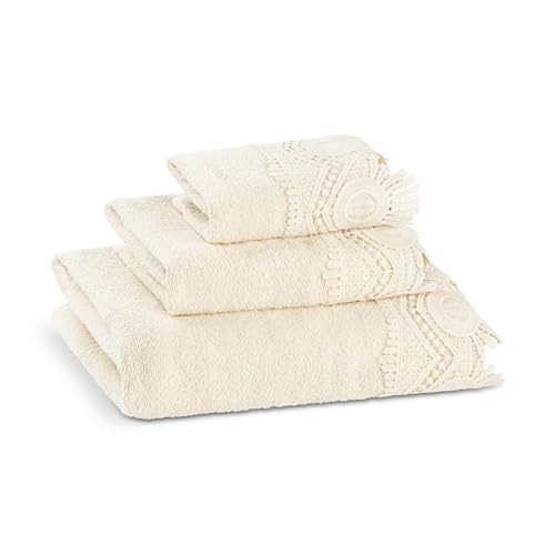 Zahari Home 3 Piece Laced Towel Set - Stylish Soft Plush Cotton Towels with Hand Towel & Washcloth - Highly Absorbent Towels for Bathroom, Gym, Hotel & Spa (Crochet Beige) - color: Crochet-beige