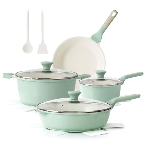 SENSARTE Nonstick Ceramic Cookware Set Large 13-Piece, Healthy Pots and Pans Set Dishwasher Safe, Non-toxic Kitchen Cooking Set with Stay-Cool Handles, Induction Compatible, PFAS Free, Green - color: Light Green