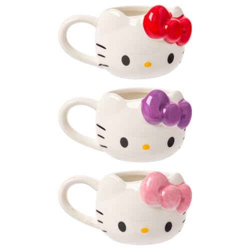 Silver Buffalo Sanrio Hello Kitty Bows, 3D Sculpted Mini Cup Set, 3.5oz | Different Color, Pack, Ceramic, Milk, Includes Handles, Perfect as a Sugar, Cream, 0.1 Liters - color: Hello Kitty With Handle