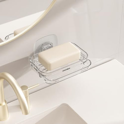 Soap Dish for Shower Clear Soap Holder Pull-Out Water Tray No Drilling Required Strong Fixation for Rv Bathroom and Kitchen Easy（1 Pack） - color: Clear