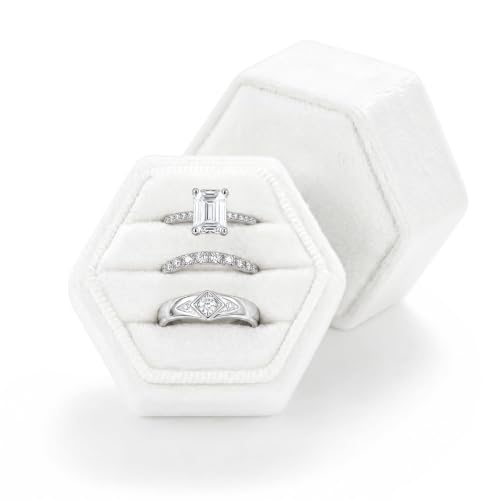 Velvet Jewelry Ring Box, 3 Slots Hexagon Engagement Wedding Ring Holder for Wedding Ceremony Proposal - color: White