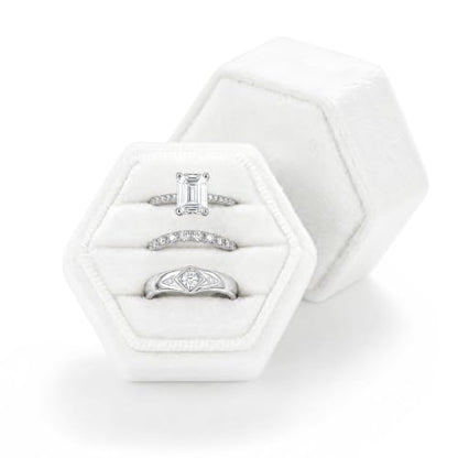 Velvet Jewelry Ring Box, 3 Slots Hexagon Engagement Wedding Ring Holder for Wedding Ceremony Proposal - color: White