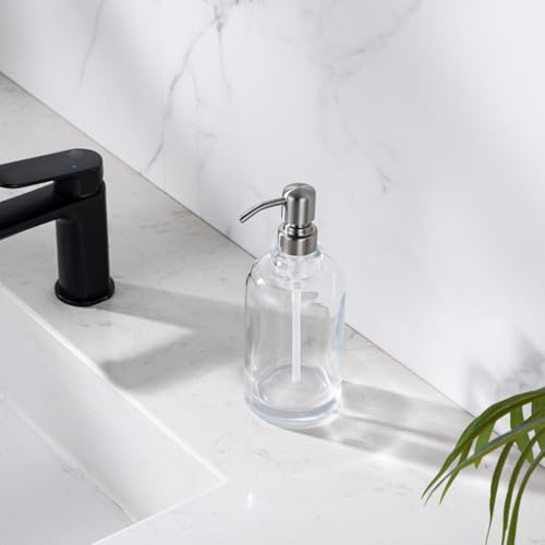 Glass Soap Dispenser Clear with Brushed Nickel Pump, 16.9 OZ Liquid Soap Dispenser Cylindrical with Stainless Steel Pump for Dish Hand Soap Bathroom Kitchen Vanity Countertop - color: Brushed Nickel, size: 16.9 oz